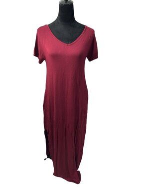 Women’s Maroon Long Maxi Dress By Grecerelle V Neck W/ Pockets Lightweight